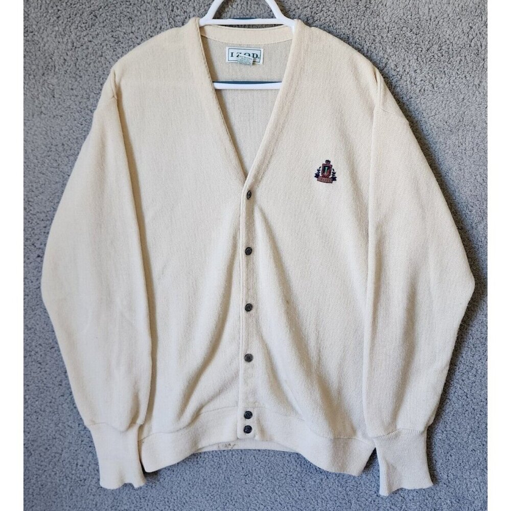 VTG Izod Cream Crest Logo Button Front Cardigan Sweater Size XL USA Made Acrylic